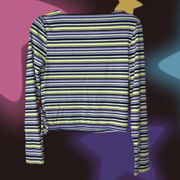 Green and purple striped long sleeve crop top. Deep vneck. Little tie on side - Picture 3 of 4